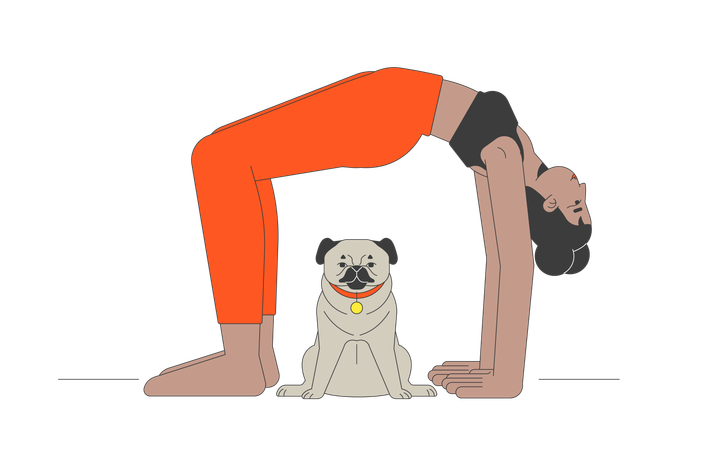 Pose du pont de yoga avec un chien carlin comme compagnon  Illustration