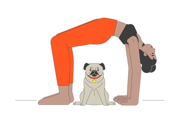 Pose du pont de yoga avec un chien carlin comme compagnon  Illustration