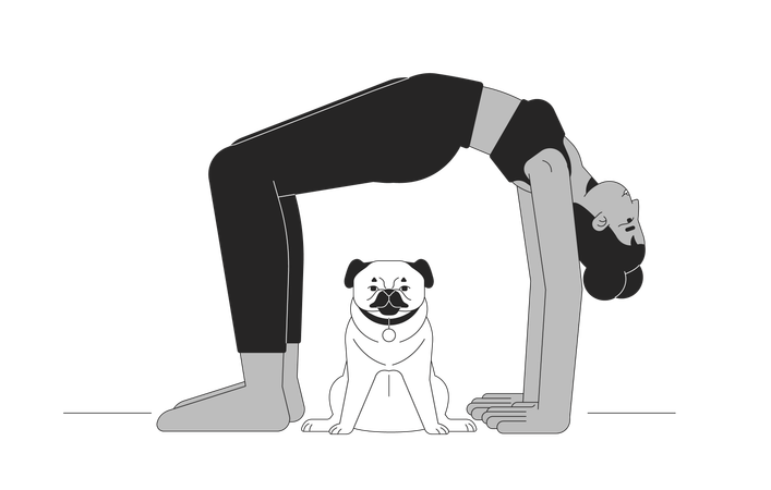 Pose du pont de yoga avec un chien carlin comme compagnon  Illustration