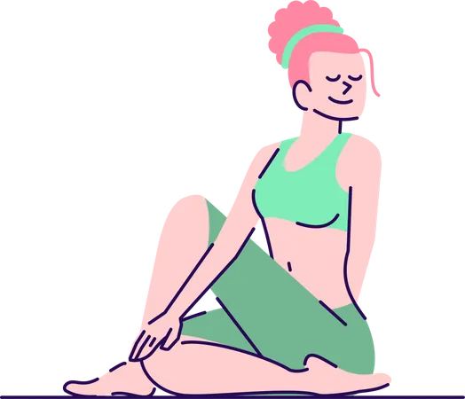 Mujer Practicando Yoga Ilustracion Vectorial Plana Postura Del Senor De Los Peces Joven Sonriente Caucasica En Ardha Matsyendrasana Personaje De Dibujos Animados Aislado Con Elementos De Contorno Sobre Fondo Blanco Ilustración
