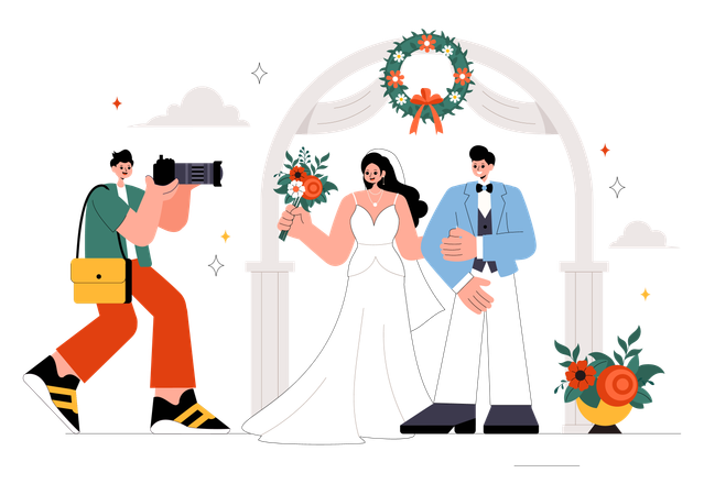 Noiva e noivo posam para serviço de fotografia de casamento  Ilustração