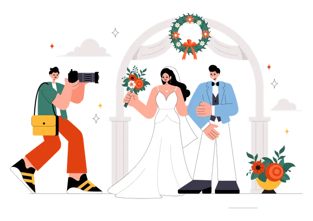 Noiva e noivo posam para serviço de fotografia de casamento  Ilustração