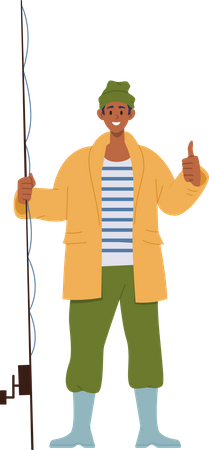 Jeune pêcheur positif en salopette avec tige gesticulant pouce levé  Illustration