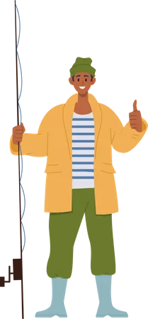 Jeune pêcheur positif en salopette avec tige gesticulant pouce levé  Illustration