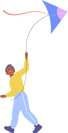 Positive active boy child playing with kite enjoying traditional summer games  Illustration