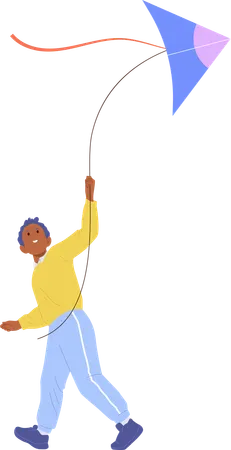 Positive active boy child playing with kite enjoying traditional summer games  Illustration