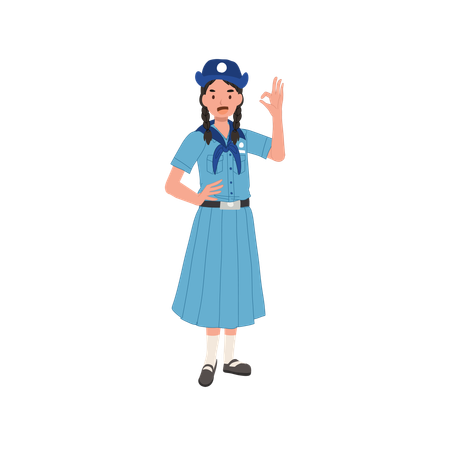 Positive and Confident Young Thai Girl Scout in Cheerful Uniform Making OK Hand Gesture  Illustration