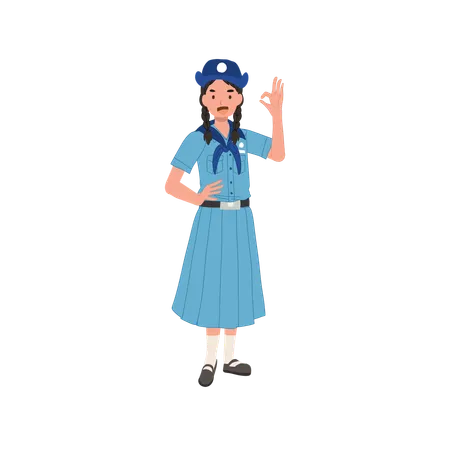 Positive And Confident Young Thai Girl Scout In Cheerful Uniform Making OK Hand Gesture Illustration