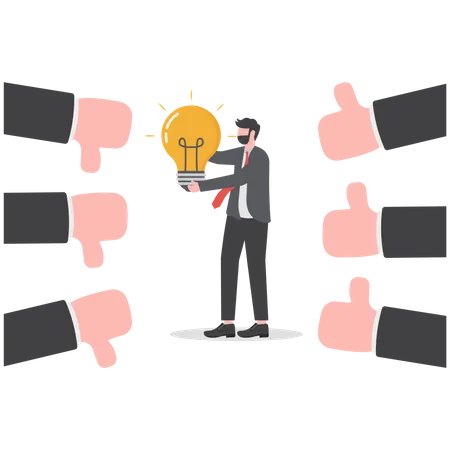 Business Woman Holding A New Idea In The Form Of A Light Bulb Positive And Negative Feedback Concept Illustration