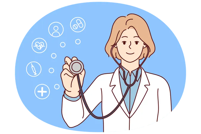 Positive Ärztin legt Stethoskop zur Gesundheitsfürsorge in die Kamera  Illustration