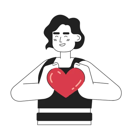 Positive Brunette Woman Holds Small Heartmonochromatic Flat Vector Character Editable Thin Line Half Body Young Woman On White Simple Bw Cartoon Spot Image For Web Graphic Design 일러스트레이션