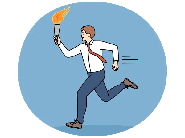 Positive business man runs with champion torch symbolizing professional record  Illustration