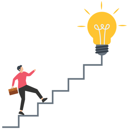 Positive business person starting walking on stairway to creative light bulb  Illustration
