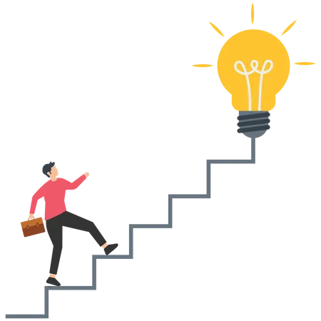 Positive business person starting walking on stairway to creative light bulb  Illustration