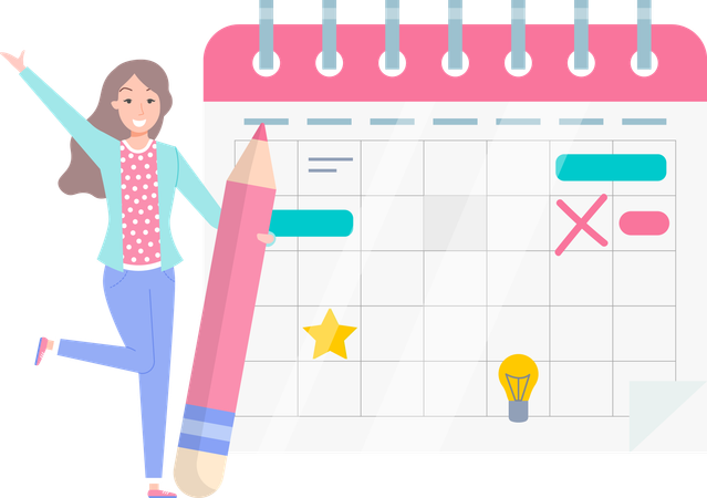 Positive business woman with giant pencils nearby marked calendar  Illustration