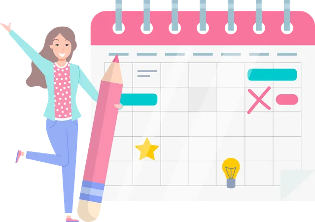Positive Business Woman With Giant Pencils Nearby Marked Calendar Successful Completion Of Business Tasks Time Management Scheduling Concept Happy Lady Works With Schedule Calendar Plan Illustration