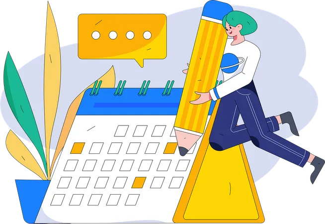 Positive business woman with giant pencils nearby marked calendar  Illustration