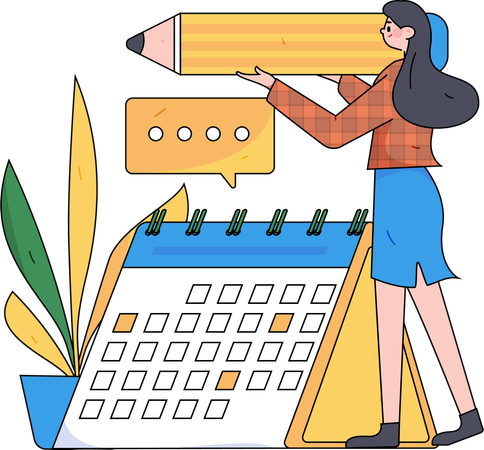 Positive business woman with giant pencils nearby marked calendar  Illustration