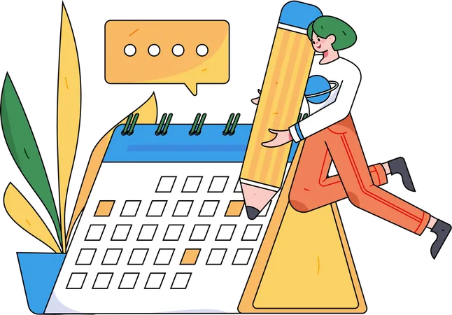 Positive business woman with giant pencils nearby marked calendar  Illustration