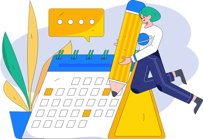 Positive business woman with giant pencils nearby marked calendar  Illustration