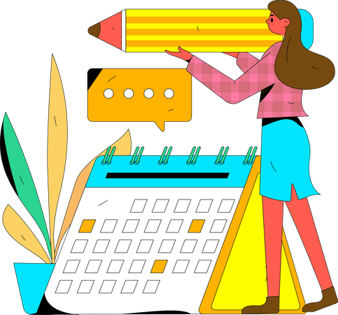 Positive business woman with giant pencils nearby marked calendar  Illustration