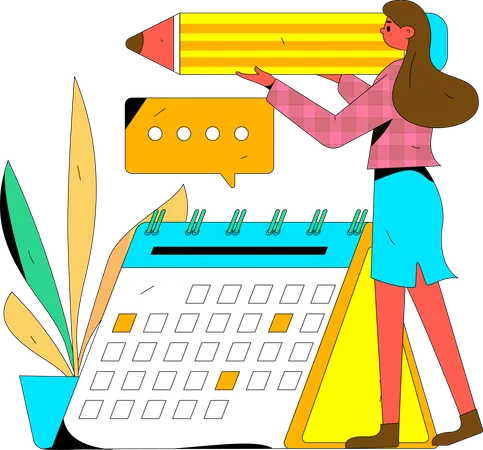 Positive business woman with giant pencils nearby marked calendar  Illustration