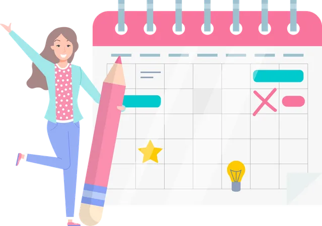 Positive business woman with giant pencils nearby marked calendar  Illustration