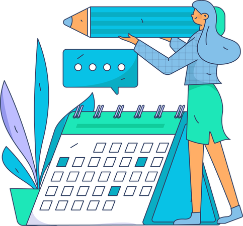 Positive business woman with giant pencils nearby marked calendar  Illustration