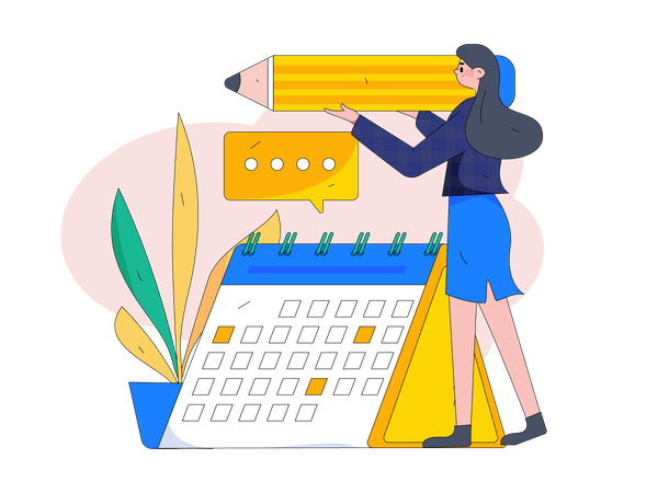 Positive business woman with giant pencils nearby marked calendar  Illustration