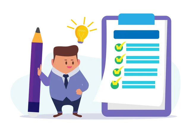 Positive businessman holding  pencil nearby marked checklist on clipboard  イラスト