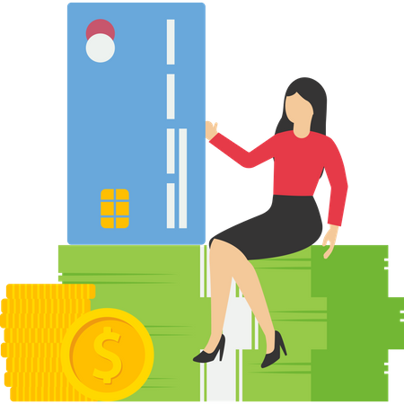 Positive businesswoman sitting relaxed on wallet with money and debit card  Illustration