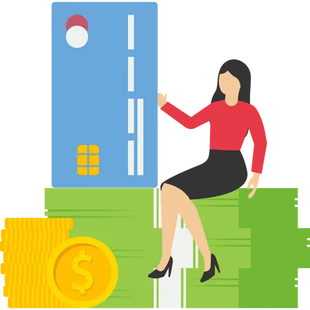 Positive businesswoman sitting relaxed on wallet with money and debit card  Illustration