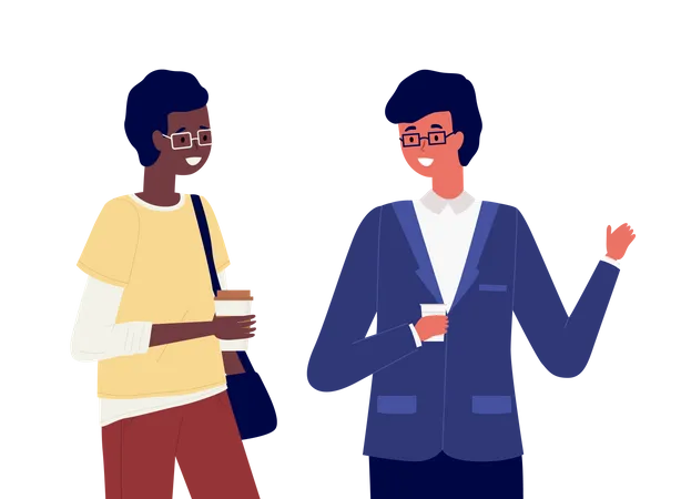 Young Male Characters Are Talking Together Positive Communication Of Happy Friends People Have A Conversation Men In Glasses Isolated On White Background Guys Are Drinking Coffee And Walking Illustration
