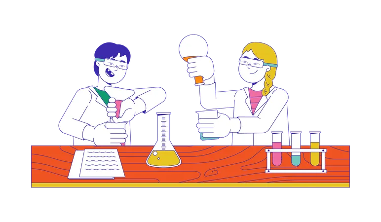 Positive diverse students working in chemical lab  Illustration