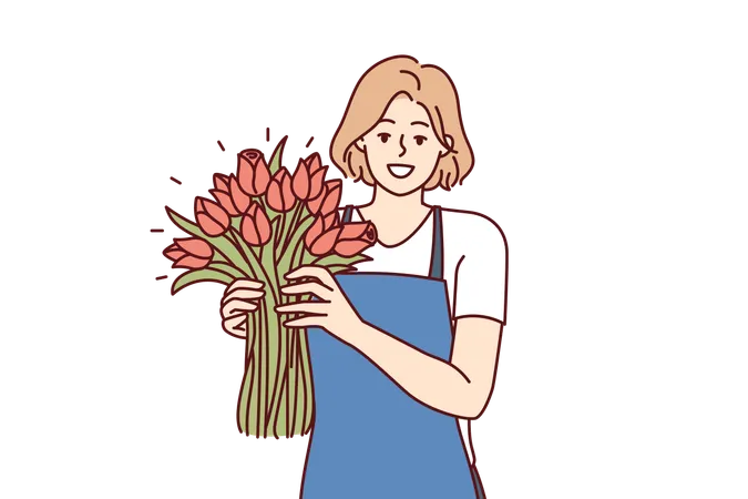 Une vendeuse de fleurs positive se tient avec un bouquet luxueux et sourit regarde la caméra  Illustration