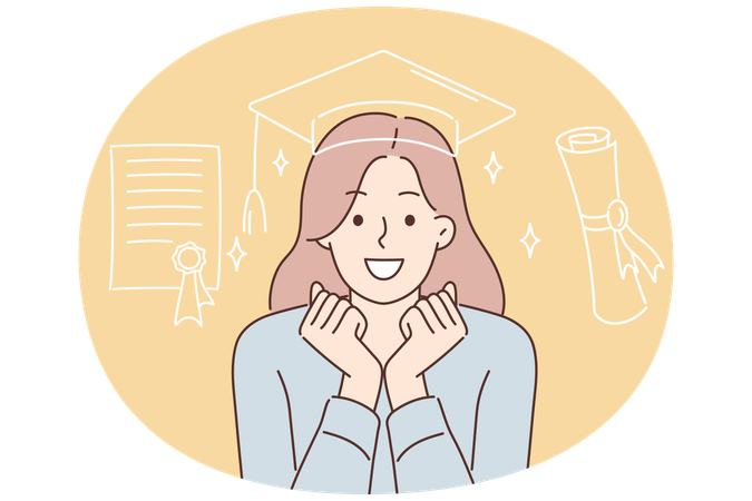 Positive girl student in graduate hat celebrating successful passing of exams  Illustration