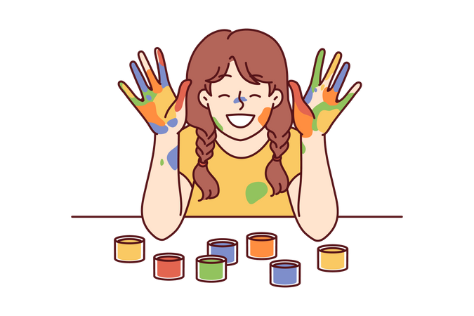 Positive girl with face and palms smeared with multi-colored paint smiles  Illustration