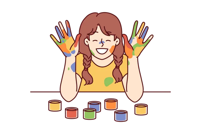 Positive girl with face and palms smeared with multi-colored paint smiles  Illustration