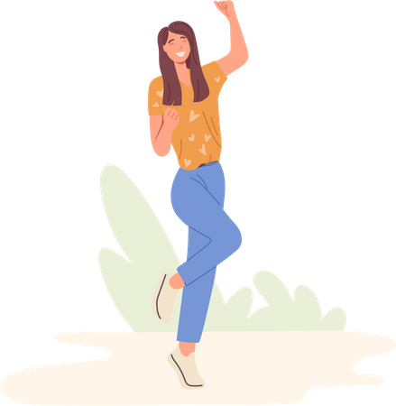 Femme positive et joyeuse se réjouissant de sauter avec le poing levé célébrant le succès  Illustration
