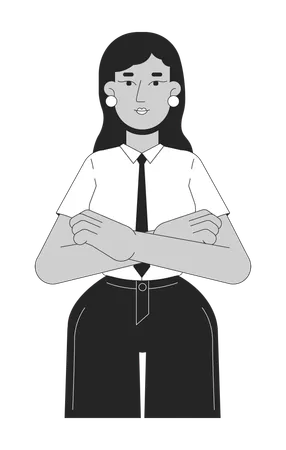 Positive Indian Woman Leader 2 D Linear Cartoon Character South Asian Businesswoman With Crossed Arms Isolated Vector Outline Person Female Leader Look Monochromatic Flat Spot Illustration Illustration