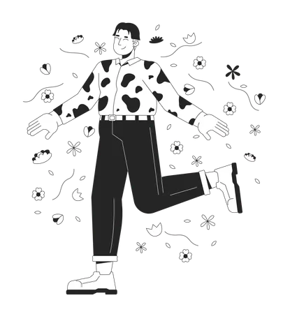 Positive Korean Man With Overweight Black And White 2 D Line Cartoon Character Plump Asian Male In Flowers Isolated Vector Outline Person Self Love And Acceptance Monochromatic Flat Spot Illustration Illustration