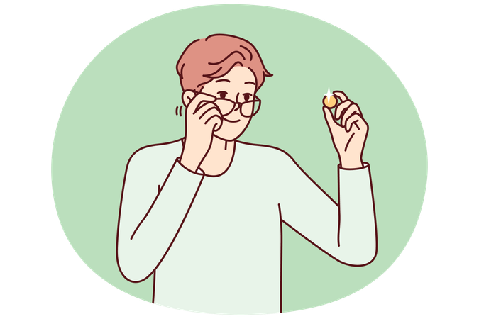 Positive man examines gold coin and lowers glasses from eyes to view rare exhibit  Illustration