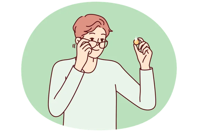 Positive man examines gold coin and lowers glasses from eyes to view rare exhibit  Illustration