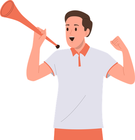 Positive man football fan blowing in trumpet cheering for favorite soccer team  Illustration