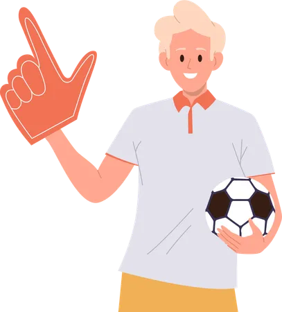 Positive man football fan holding soccer ball and foam hand  Illustration