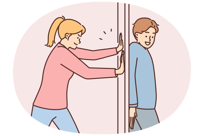 Positive man hides behind door preventing girlfriend from passing or arranging prank  Illustration