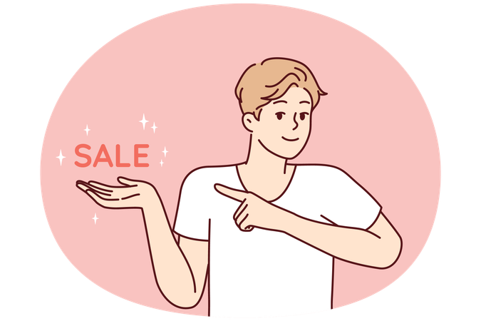 Positive man pointing finger at inscription sale  Illustration