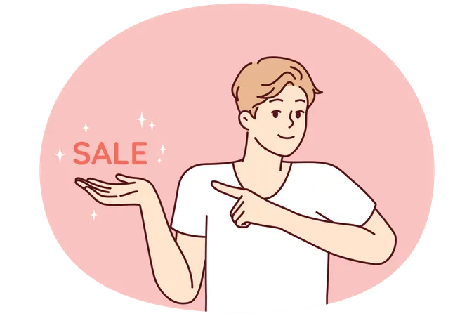 Positive man pointing finger at inscription sale  Illustration