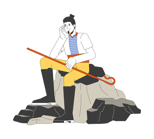 Positive man shepherd sitting on rocks  Illustration