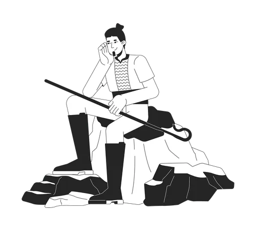 Positive man shepherd sitting on rocks  Illustration